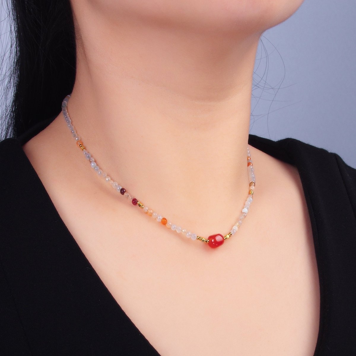 Stainless Steel Citrine Carnelian Natural Gemstone 15.5 Inch Choker Necklace | WA - 3109 - DLUXCA