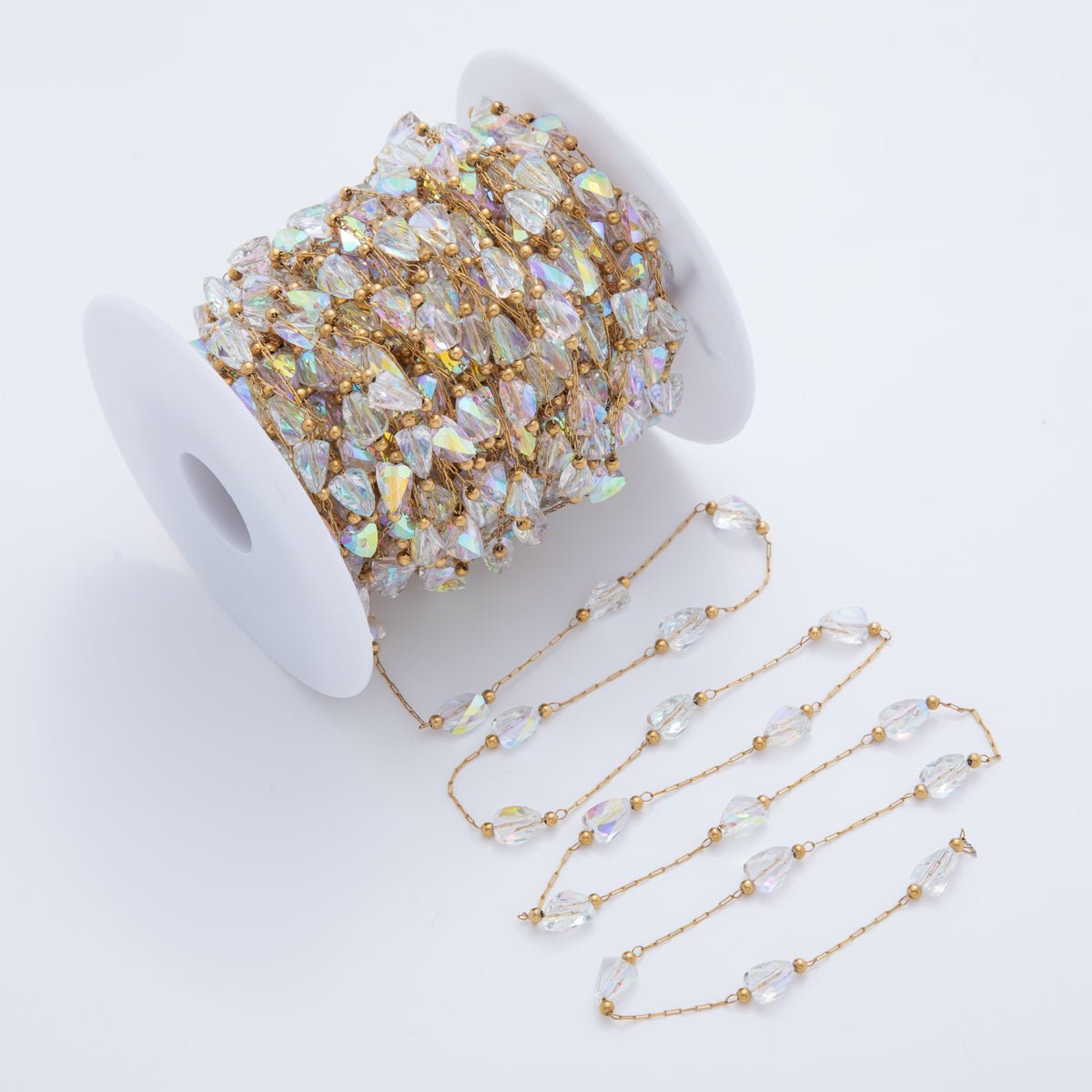 Stainless Steel Clear AB Multifaceted Irregular Gemstone Paperclip Unfinished Chain by Yard | Roll - 1606 - DLUXCA