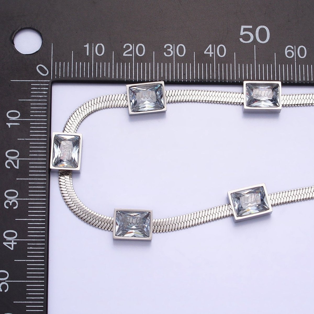 Stainless Steel Clear Baguette CZ 3mm Snake Herringbone 16 Inch Geometric Necklace | WA-1713 Clearance Pricing - DLUXCA