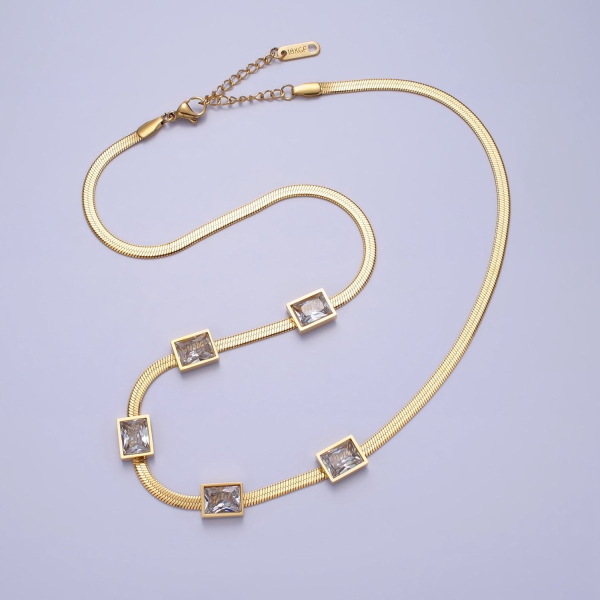 Stainless Steel Clear Baguette CZ 3mm Snake Herringbone 16.5 Inch Geometric Necklace | WA-1636 Clearance Pricing - DLUXCA