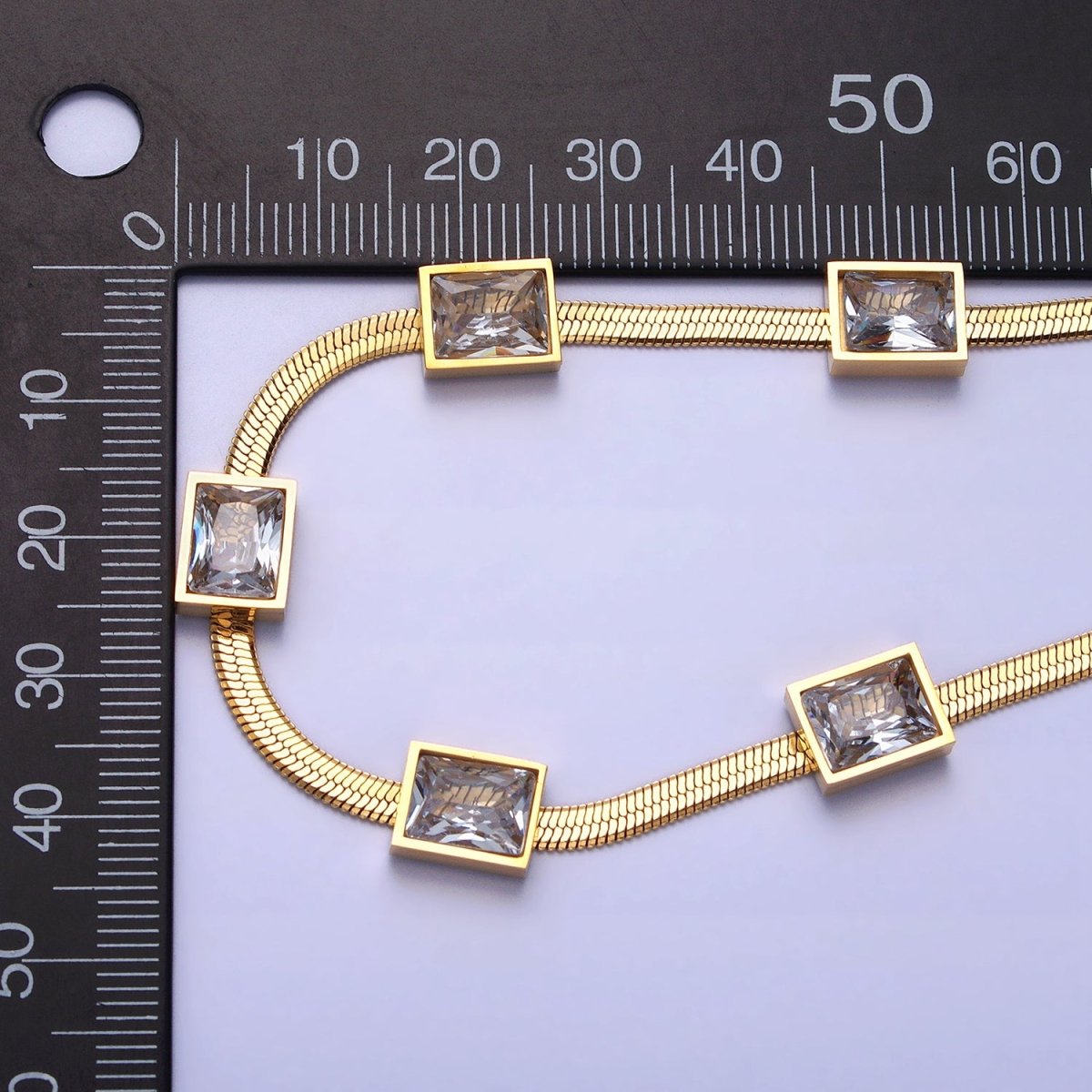 Stainless Steel Clear Baguette CZ 3mm Snake Herringbone 16.5 Inch Geometric Necklace | WA-1636 Clearance Pricing - DLUXCA