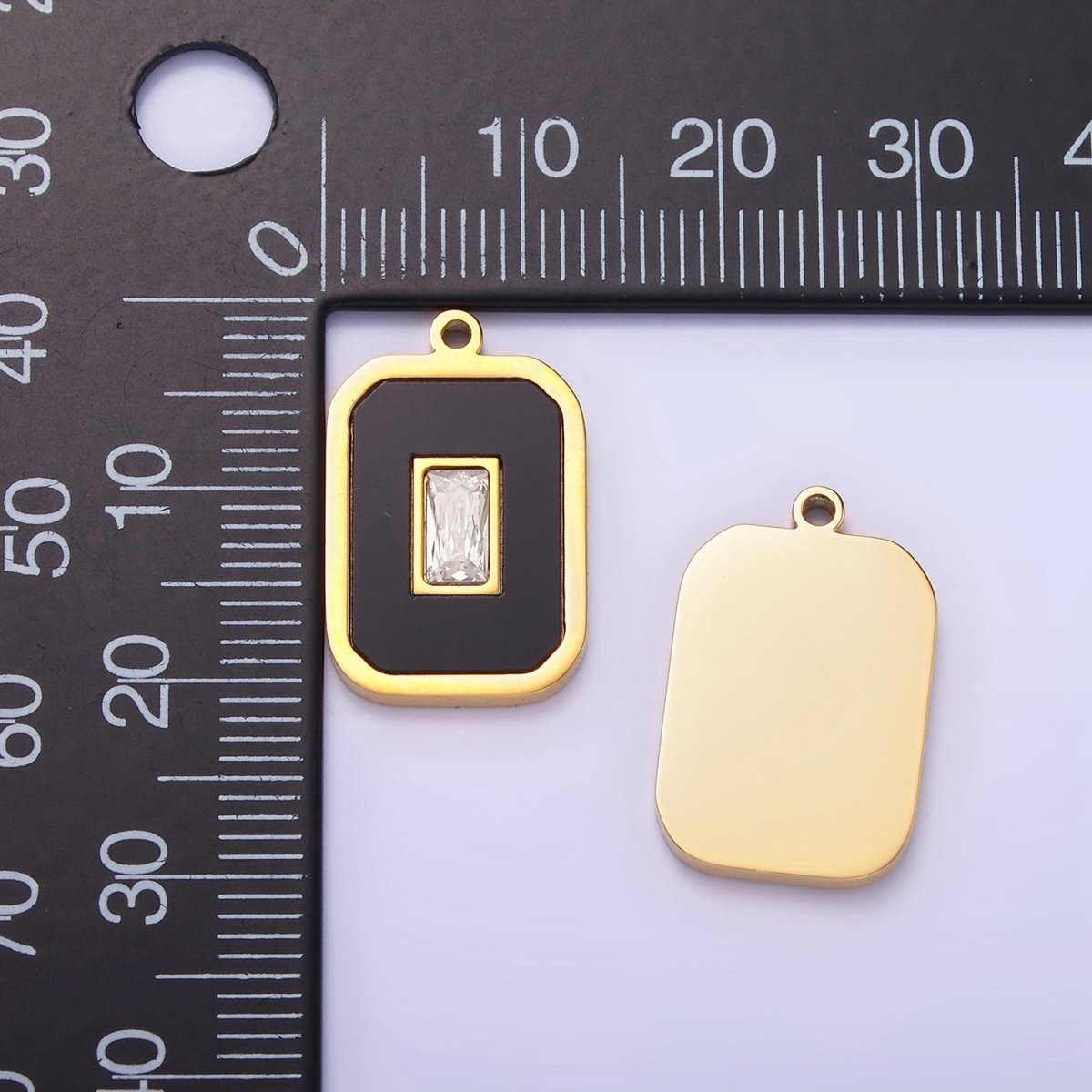 Stainless Steel Clear CZ Baguette Black Tag Charm | P970