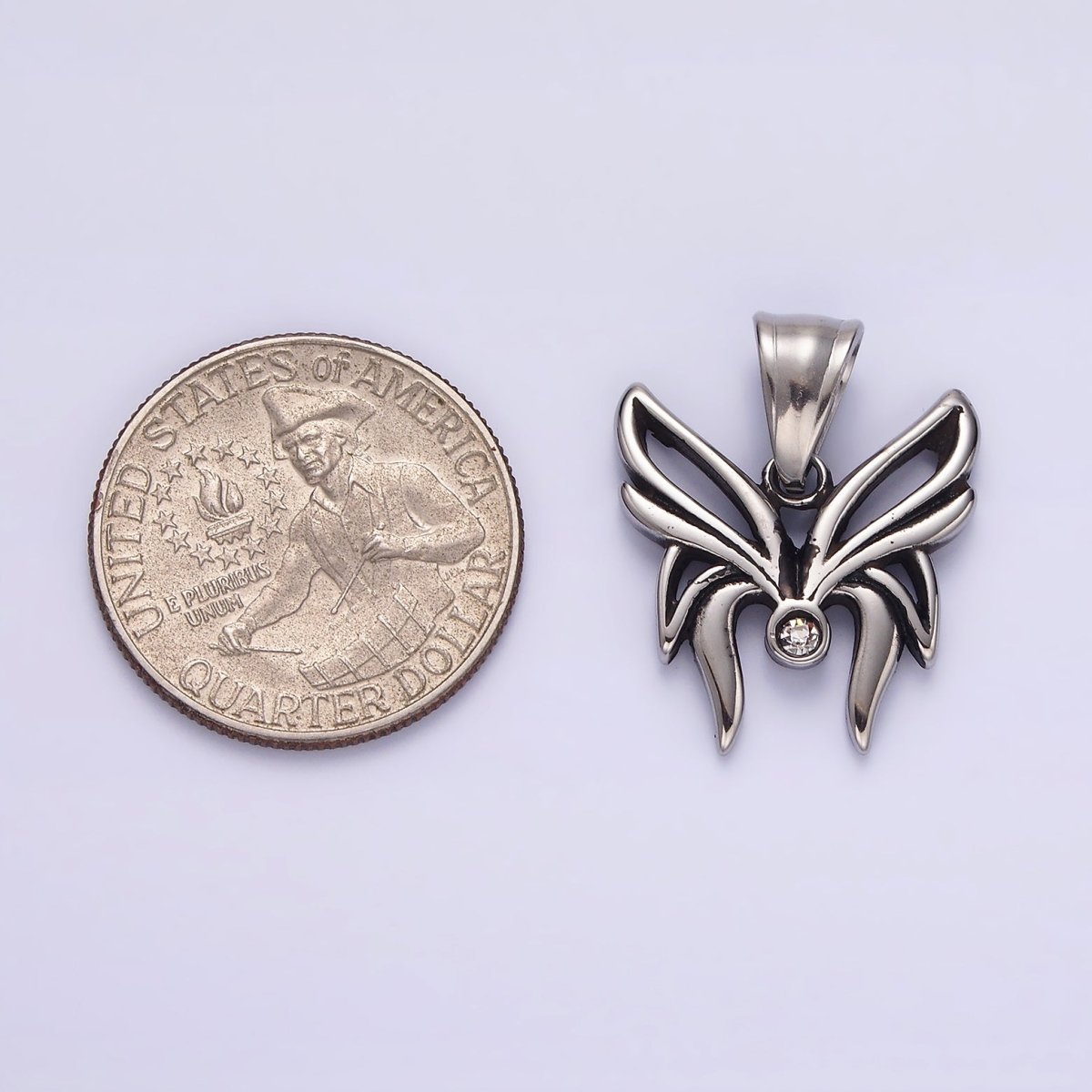 Stainless Steel Clear CZ Butterfly Mariposa Open Wings Pendant | P-742