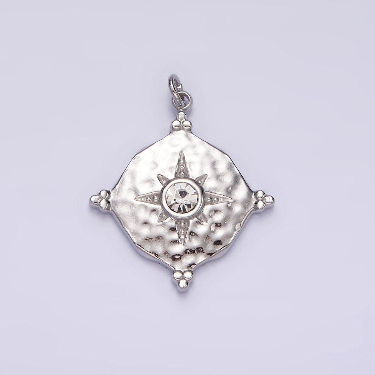Stainless Steel Clear CZ Celestial North Star Hammered Round Point Charm in Gold & Silver | P1295