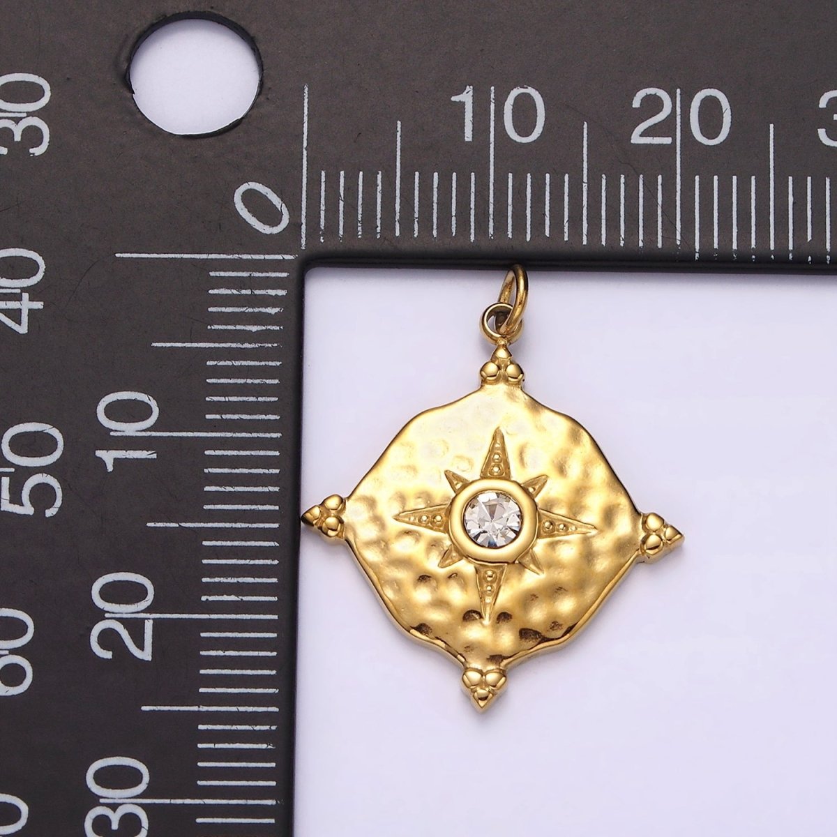 Stainless Steel Clear CZ Celestial North Star Hammered Round Point Charm in Gold & Silver | P1295