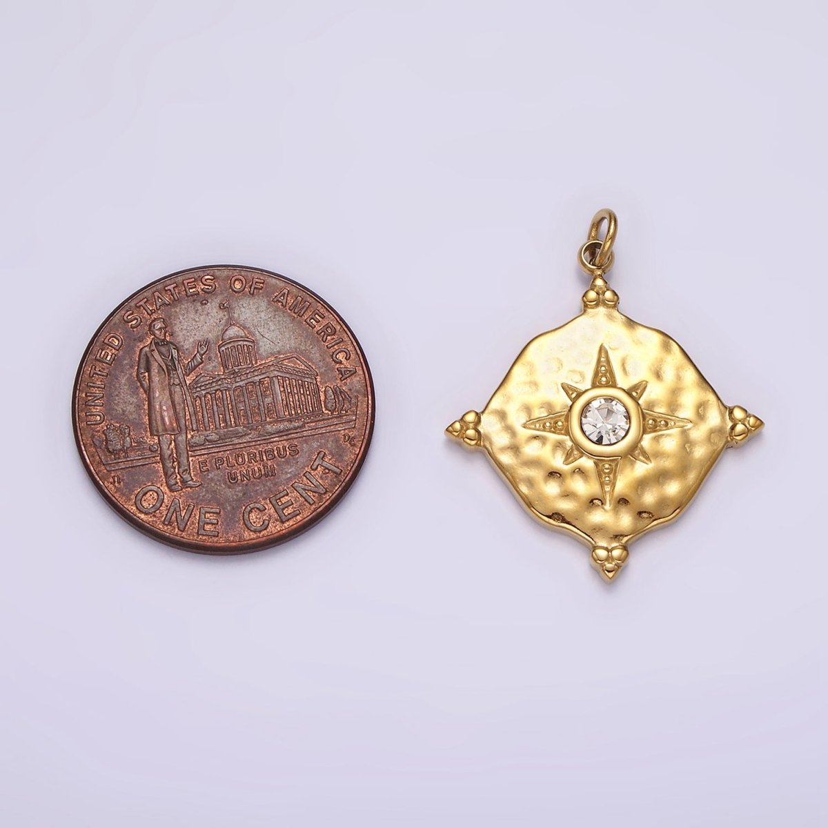 Stainless Steel Clear CZ Celestial North Star Hammered Round Point Charm in Gold & Silver | P1295