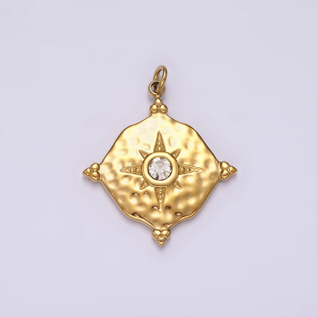 Stainless Steel Clear CZ Celestial North Star Hammered Round Point Charm in Gold & Silver | P1295