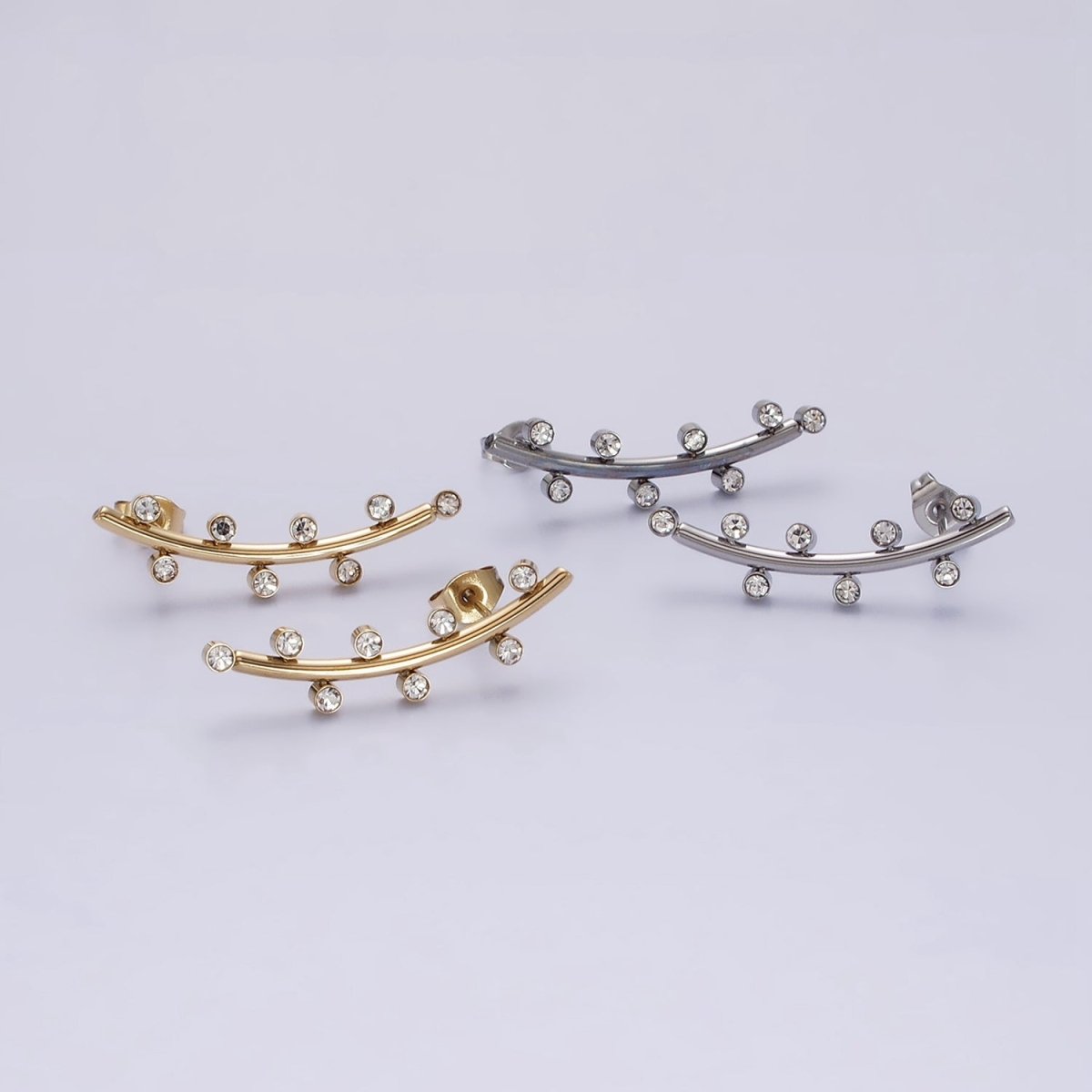 Stainless Steel Clear CZ Dotted Curved Band Stud Earrings in Gold & Silver | AE869 AE870