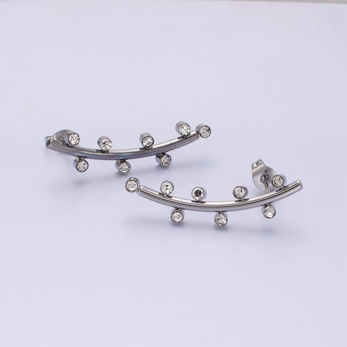 Stainless Steel Clear CZ Dotted Curved Band Stud Earrings in Gold & Silver | AE869 AE870