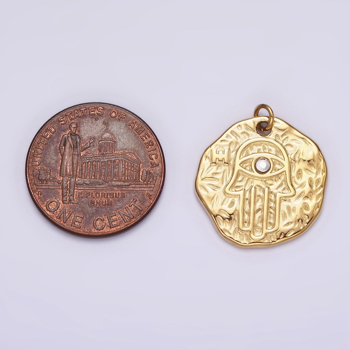 Stainless Steel Clear CZ Evil Eye Hamsa Hand Dented Abstract Round Charm in Gold & Silver | P1288