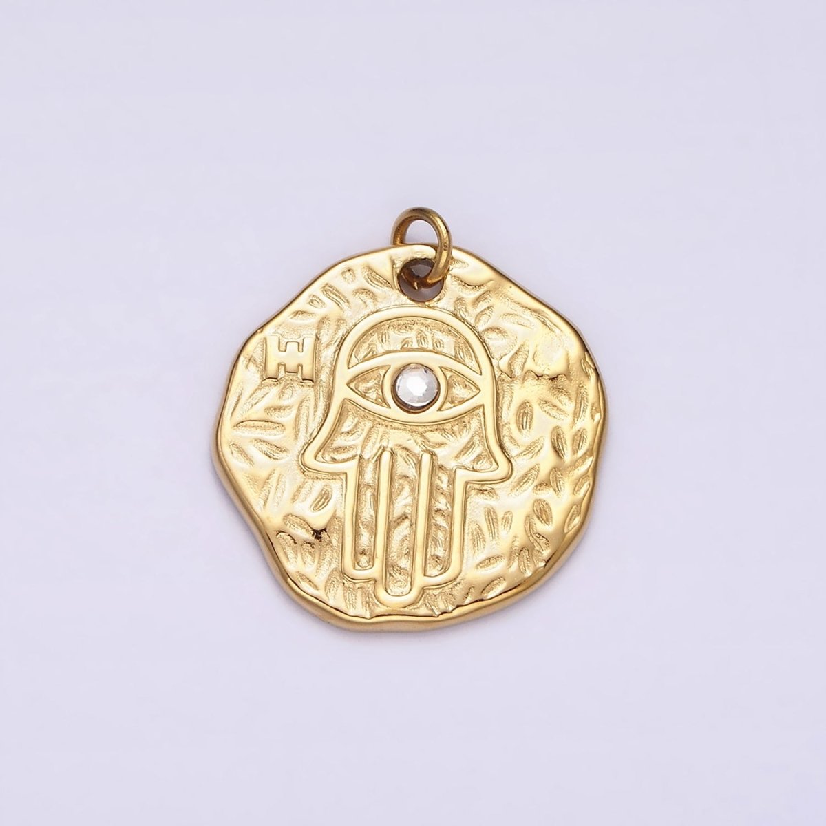 Stainless Steel Clear CZ Evil Eye Hamsa Hand Dented Abstract Round Charm in Gold & Silver | P1288