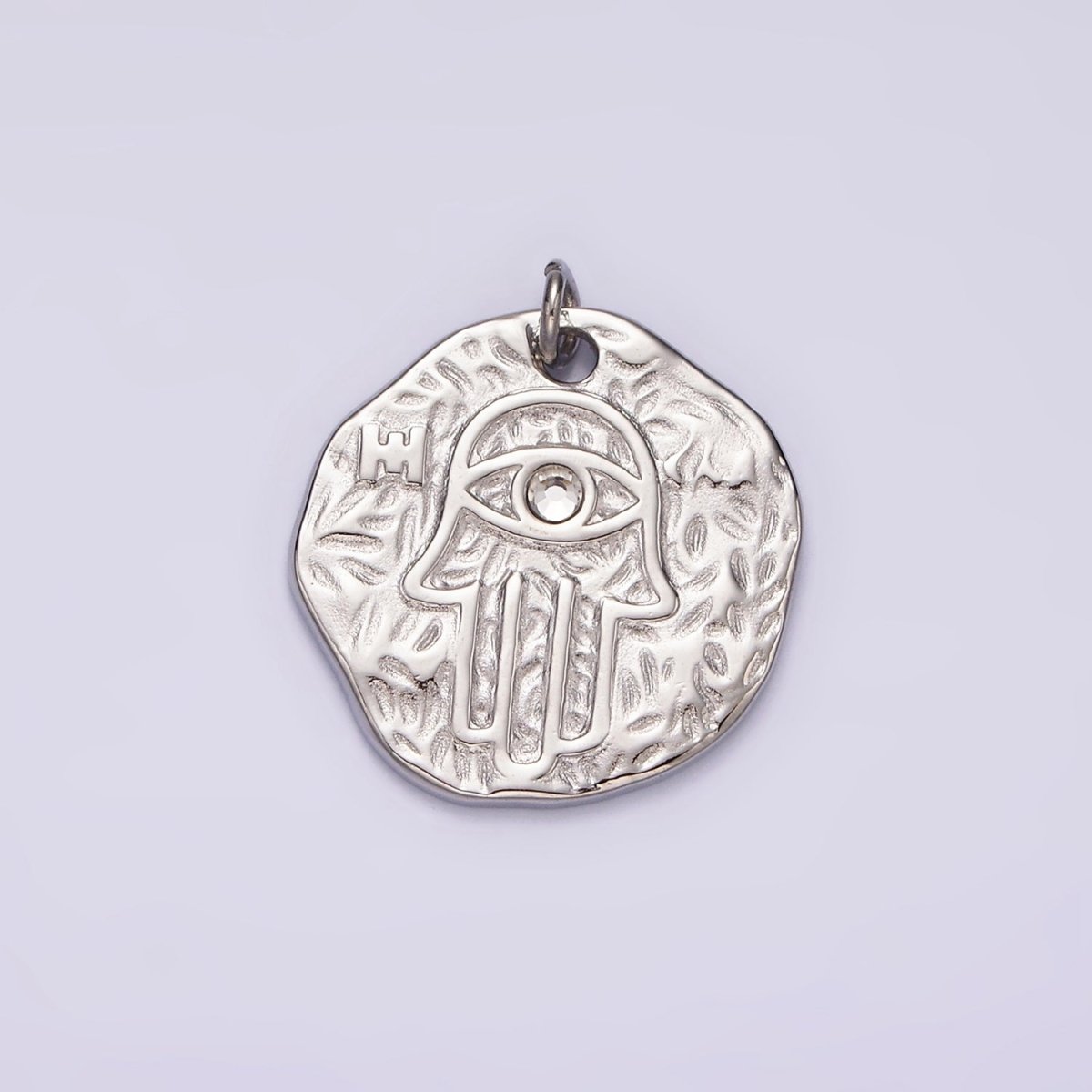 Stainless Steel Clear CZ Evil Eye Hamsa Hand Dented Abstract Round Charm in Gold & Silver | P1288