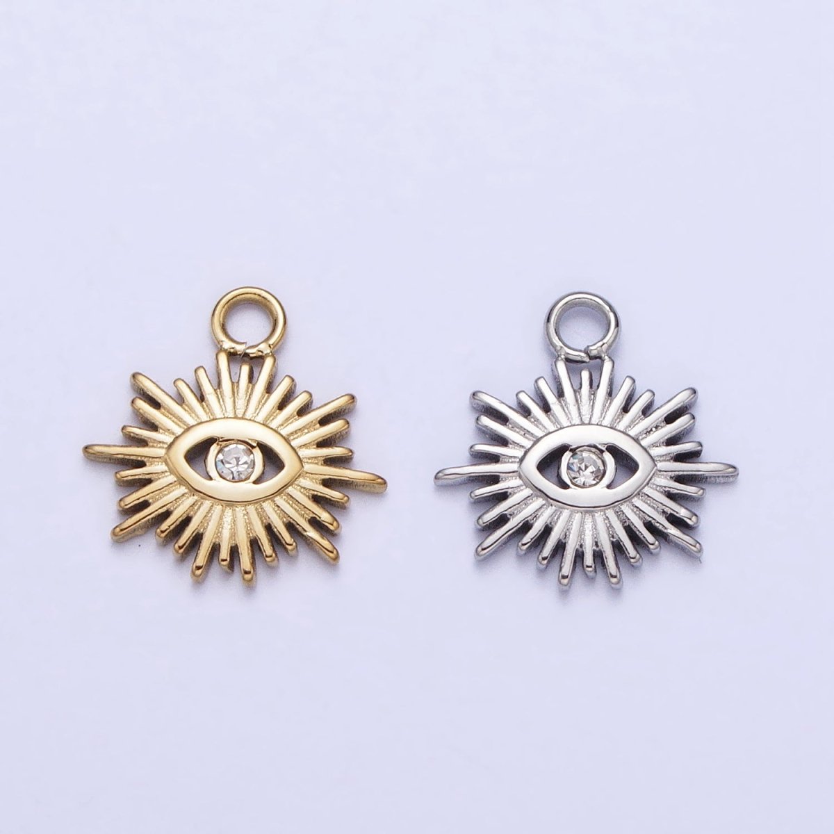 Stainless Steel Clear CZ Evil Eye Sunburst Protection Charm in Gold & Silver | P-888
