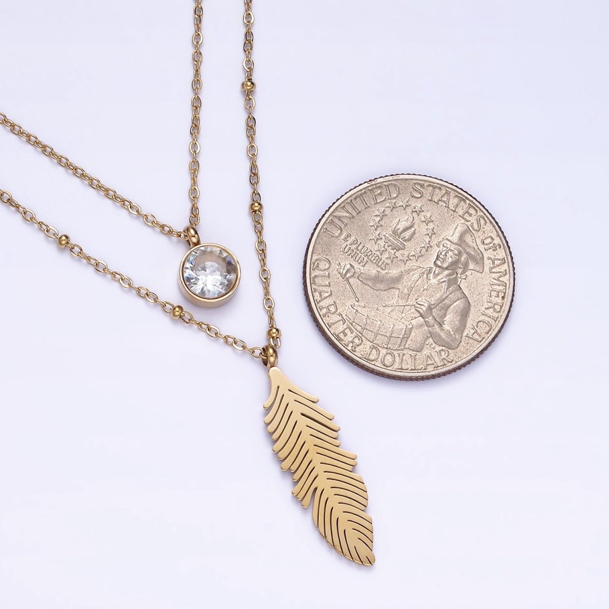 Stainless Steel Clear CZ Feather Cable Satellite Double Layer Chain Stack Necklace | WA-2086 Clearance Pricing
