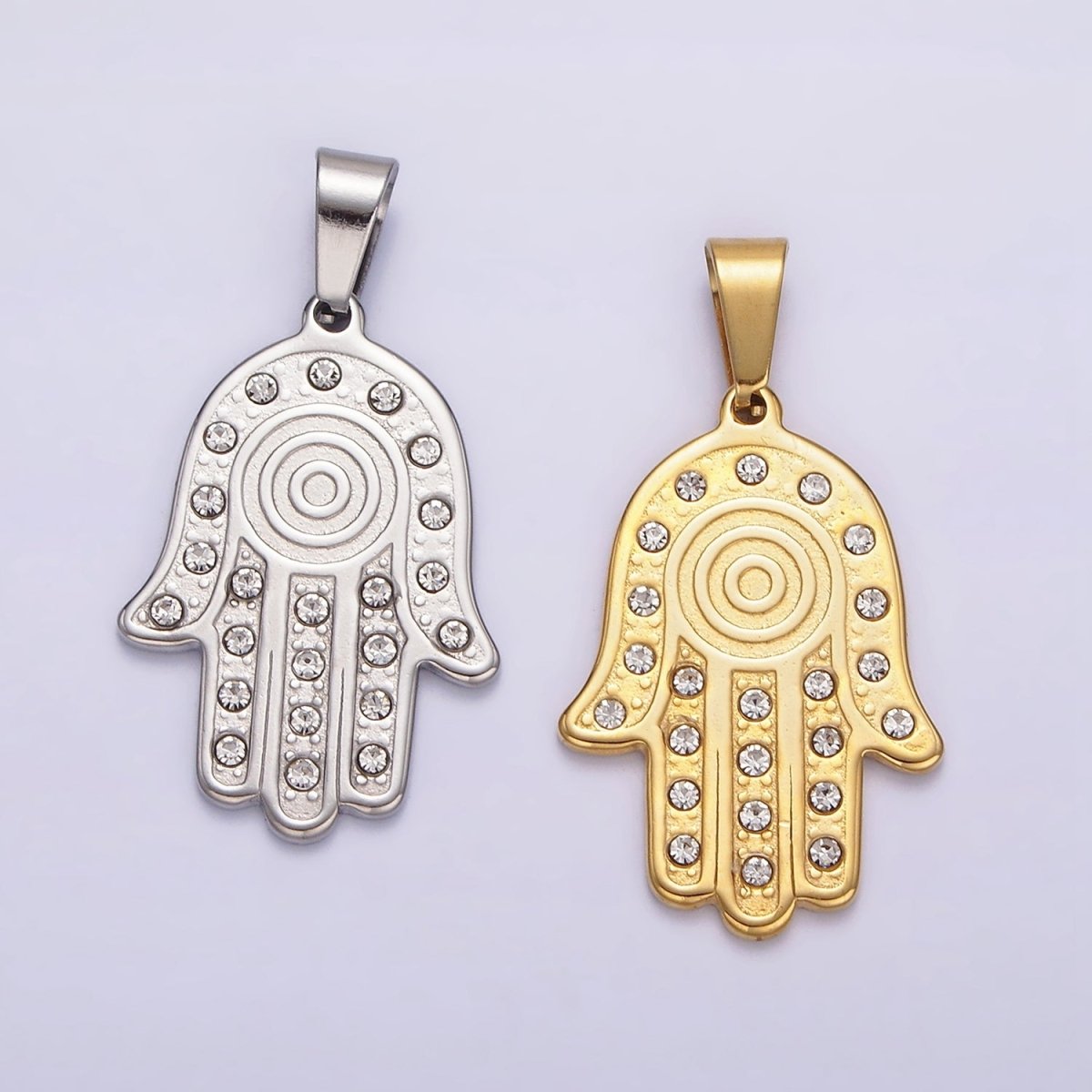 Stainless Steel Clear CZ Lined Hamsa Hand Pendant in Gold & Silver | P-728