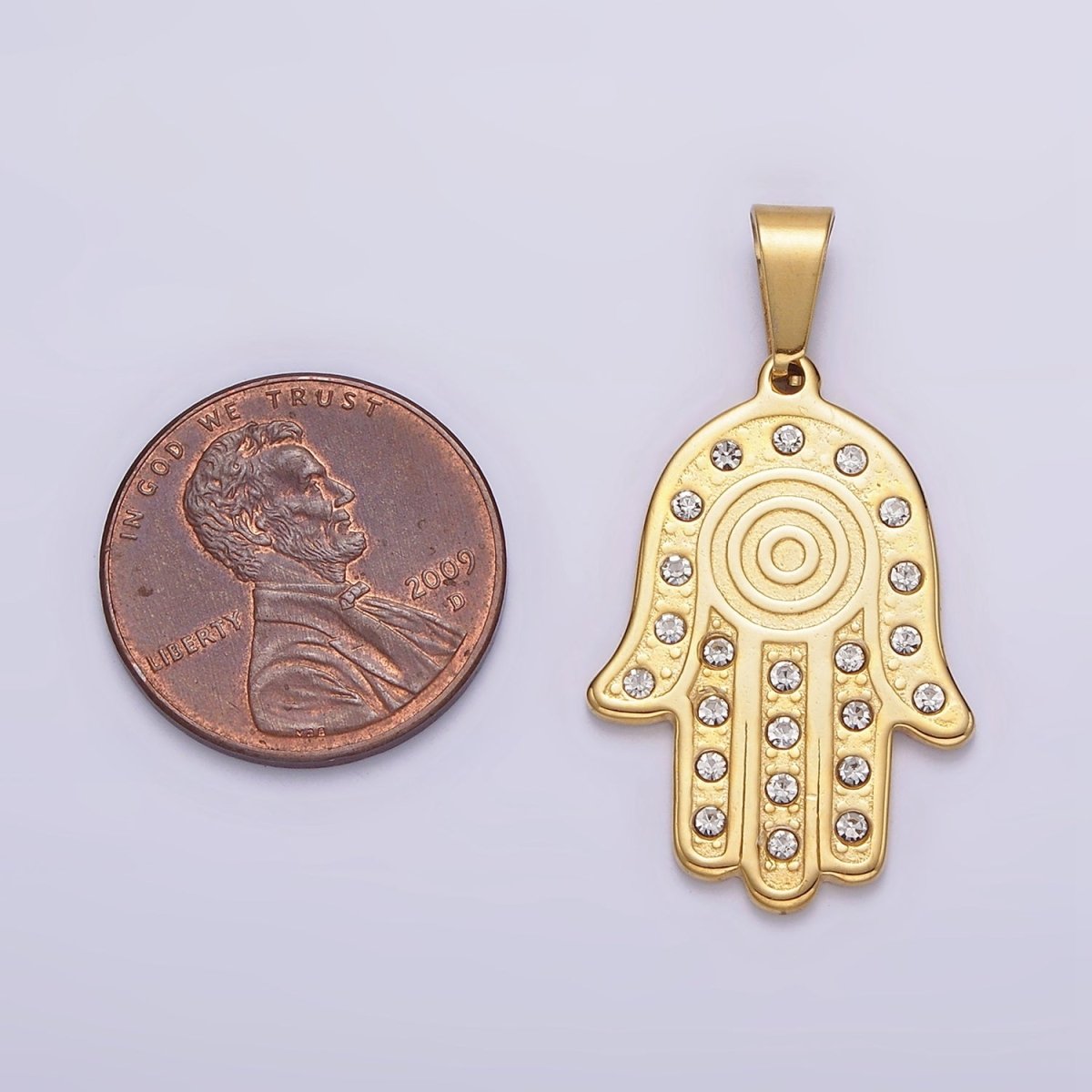 Stainless Steel Clear CZ Lined Hamsa Hand Pendant in Gold & Silver | P-728