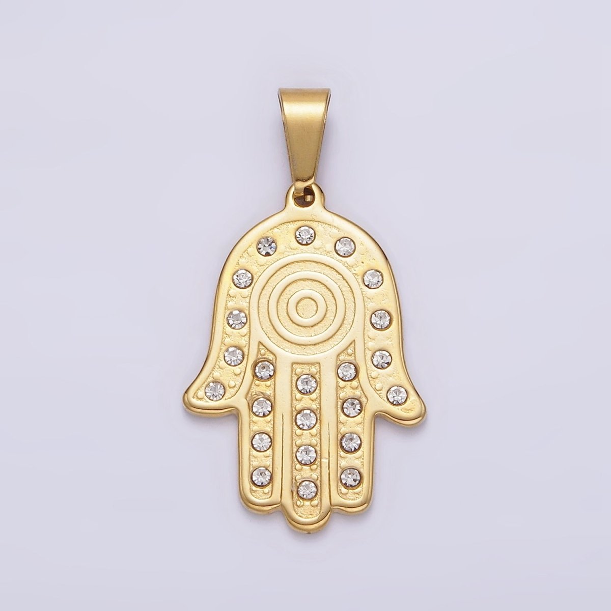 Stainless Steel Clear CZ Lined Hamsa Hand Pendant in Gold & Silver | P-728