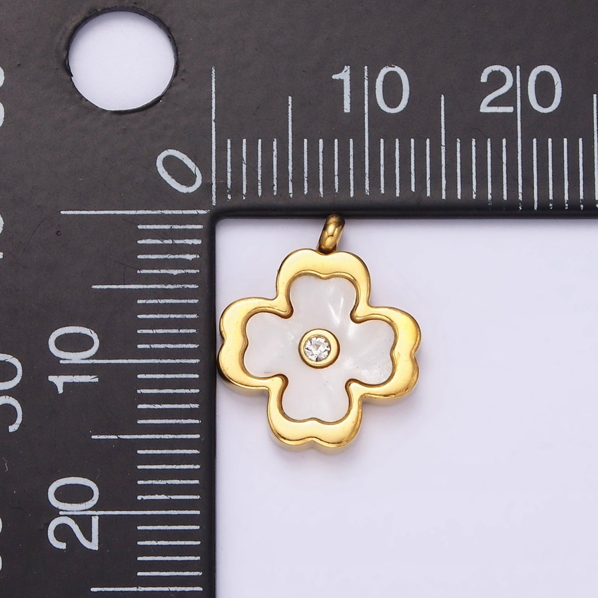 Stainless Steel Clear CZ Shell Pearl Quatrefoil Clover Charm | P-647