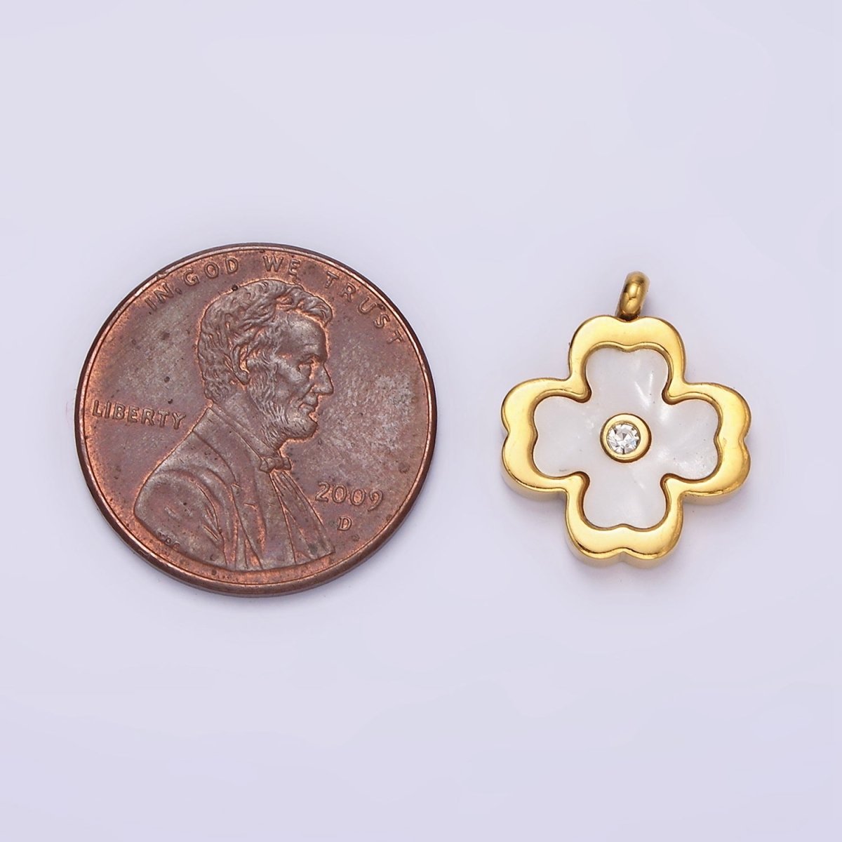 Stainless Steel Clear CZ Shell Pearl Quatrefoil Clover Charm | P-647