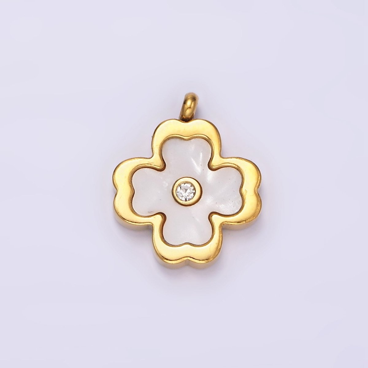 Stainless Steel Clear CZ Shell Pearl Quatrefoil Clover Charm | P-647