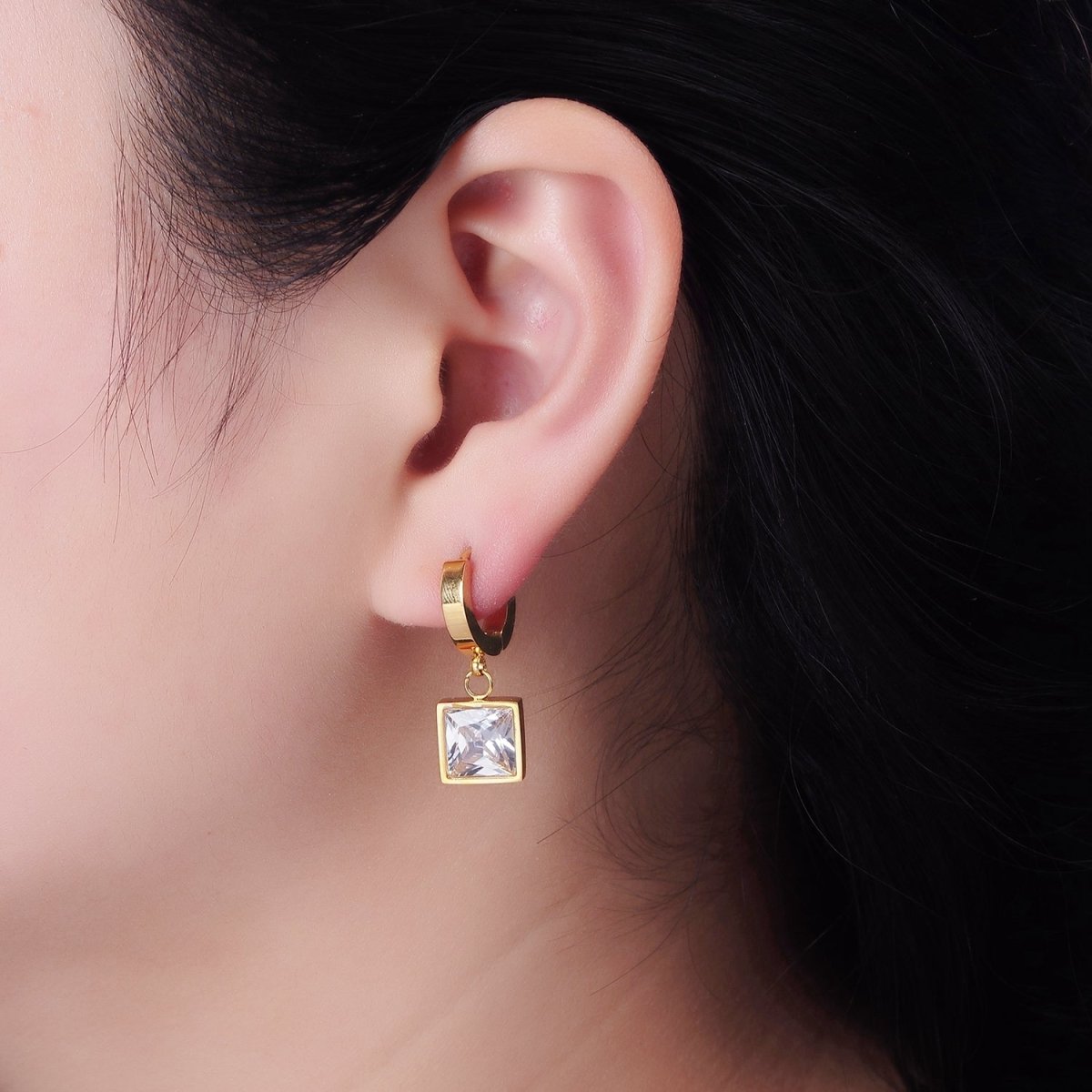 Stainless Steel Clear CZ Square Drop Huggie Earrings in Gold & Silver | AE397 AE398