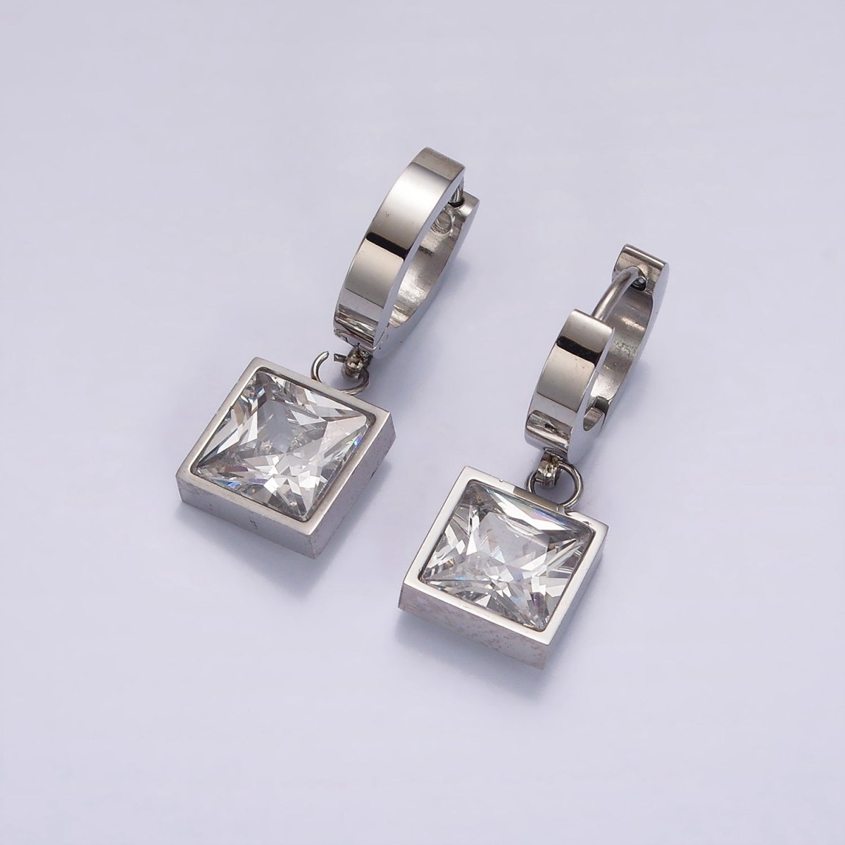 Stainless Steel Clear CZ Square Drop Huggie Earrings in Gold & Silver | AE397 AE398
