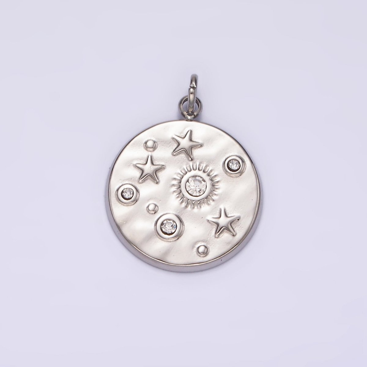 Stainless Steel Clear, Green CZ Celestial Sun Star Hammered Round Charm in Gold & Silver | P675