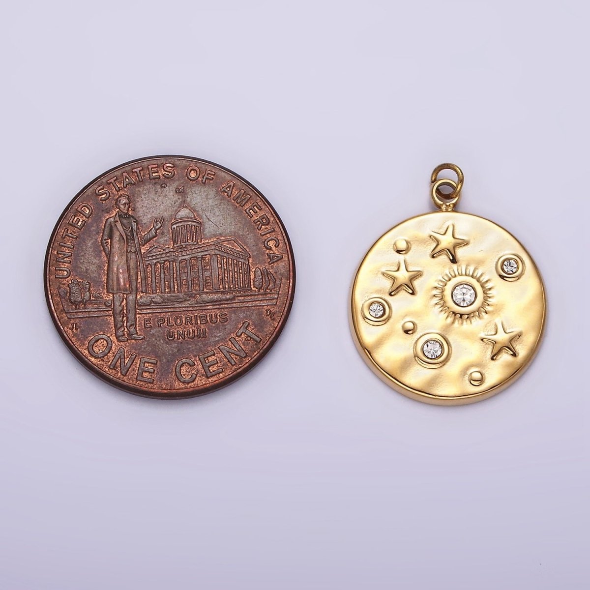 Stainless Steel Clear, Green CZ Celestial Sun Star Hammered Round Charm in Gold & Silver | P675