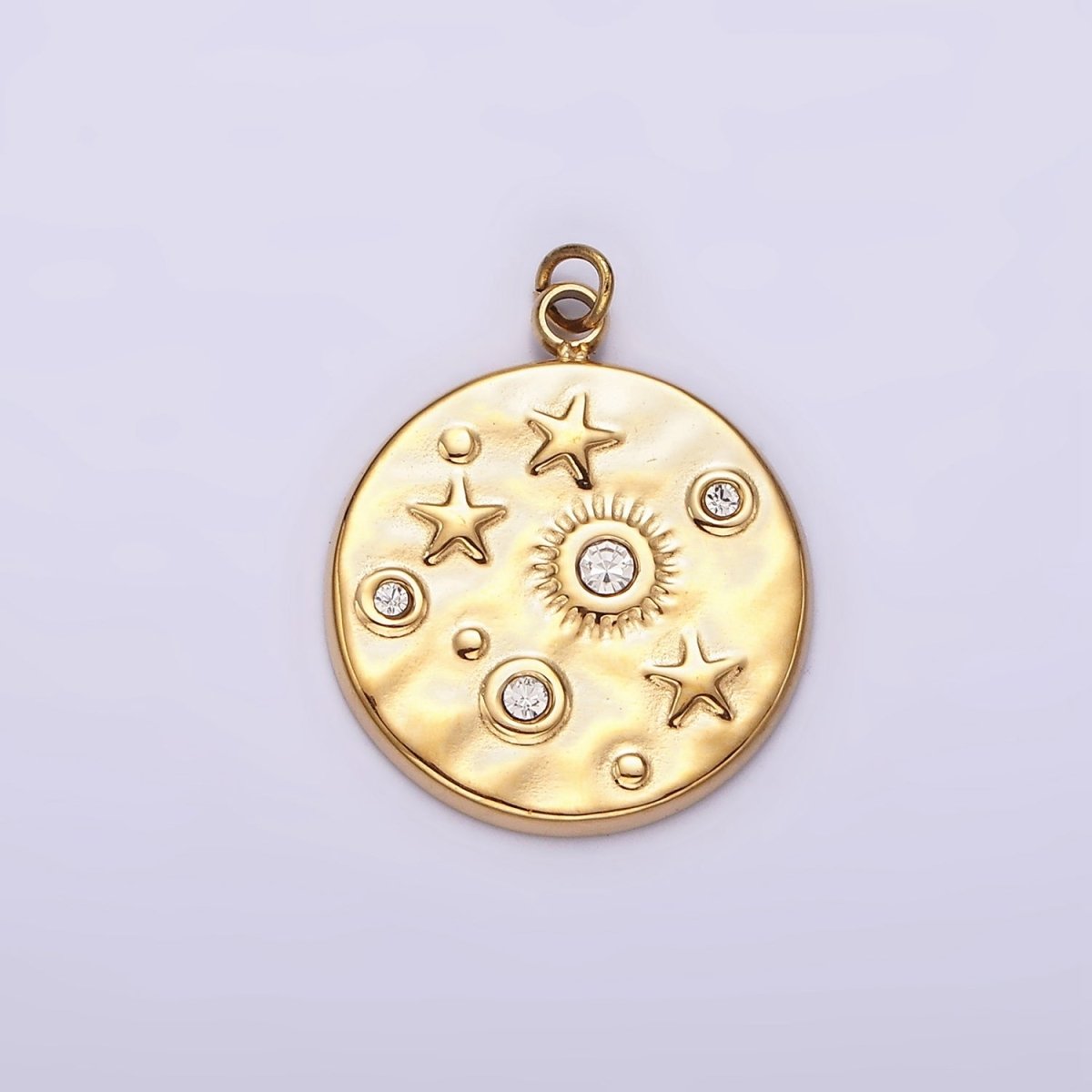 Stainless Steel Clear, Green CZ Celestial Sun Star Hammered Round Charm in Gold & Silver | P675