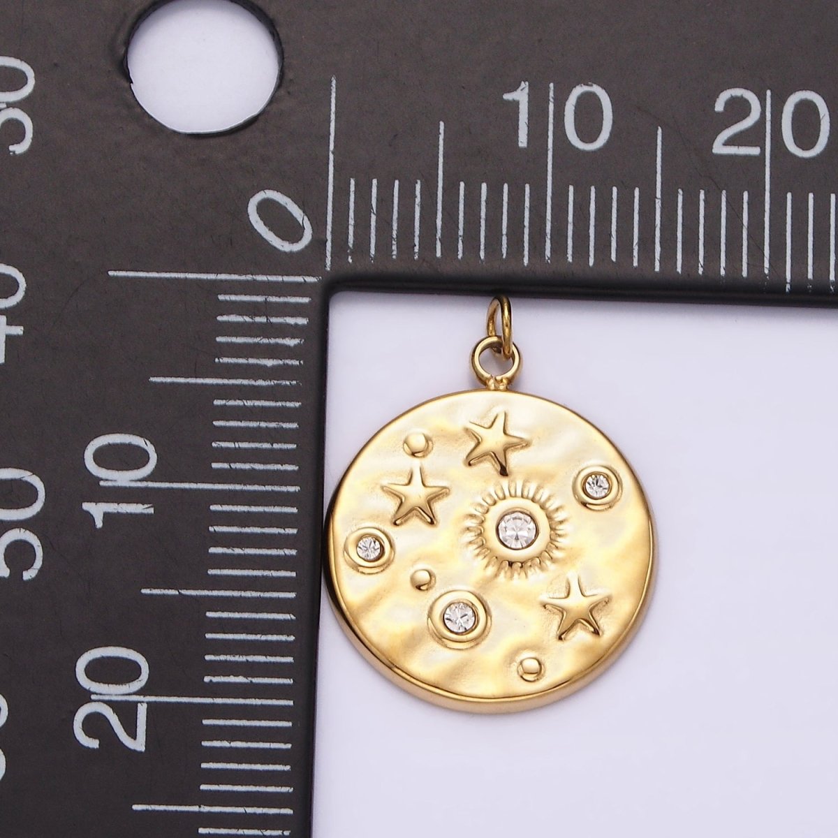 Stainless Steel Clear, Green CZ Celestial Sun Star Hammered Round Charm in Gold & Silver | P675