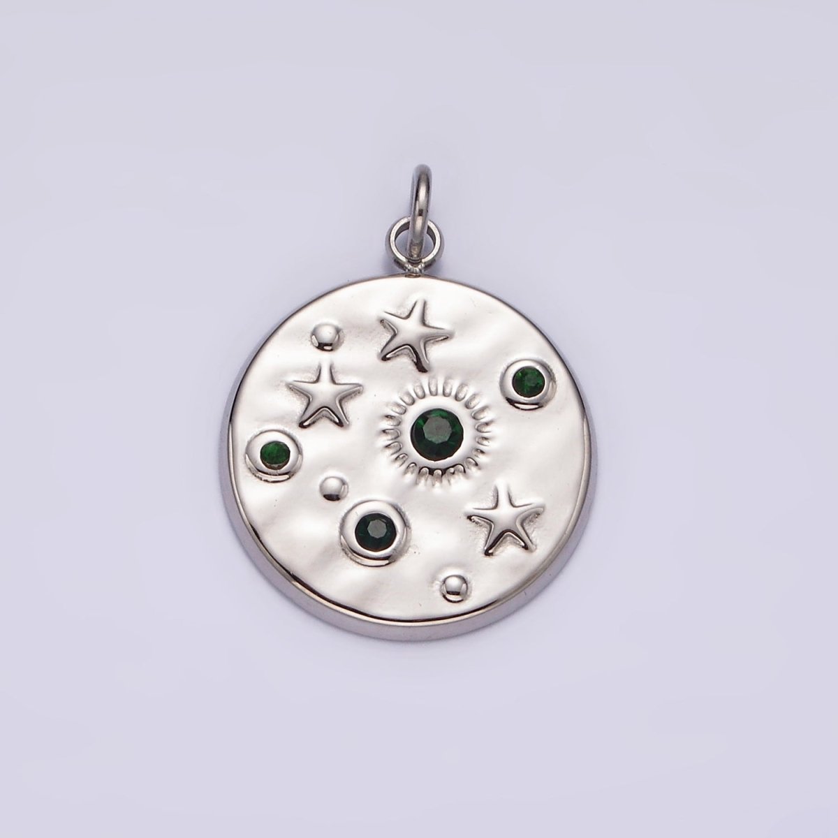 Stainless Steel Clear, Green CZ Celestial Sun Star Hammered Round Charm in Gold & Silver | P675