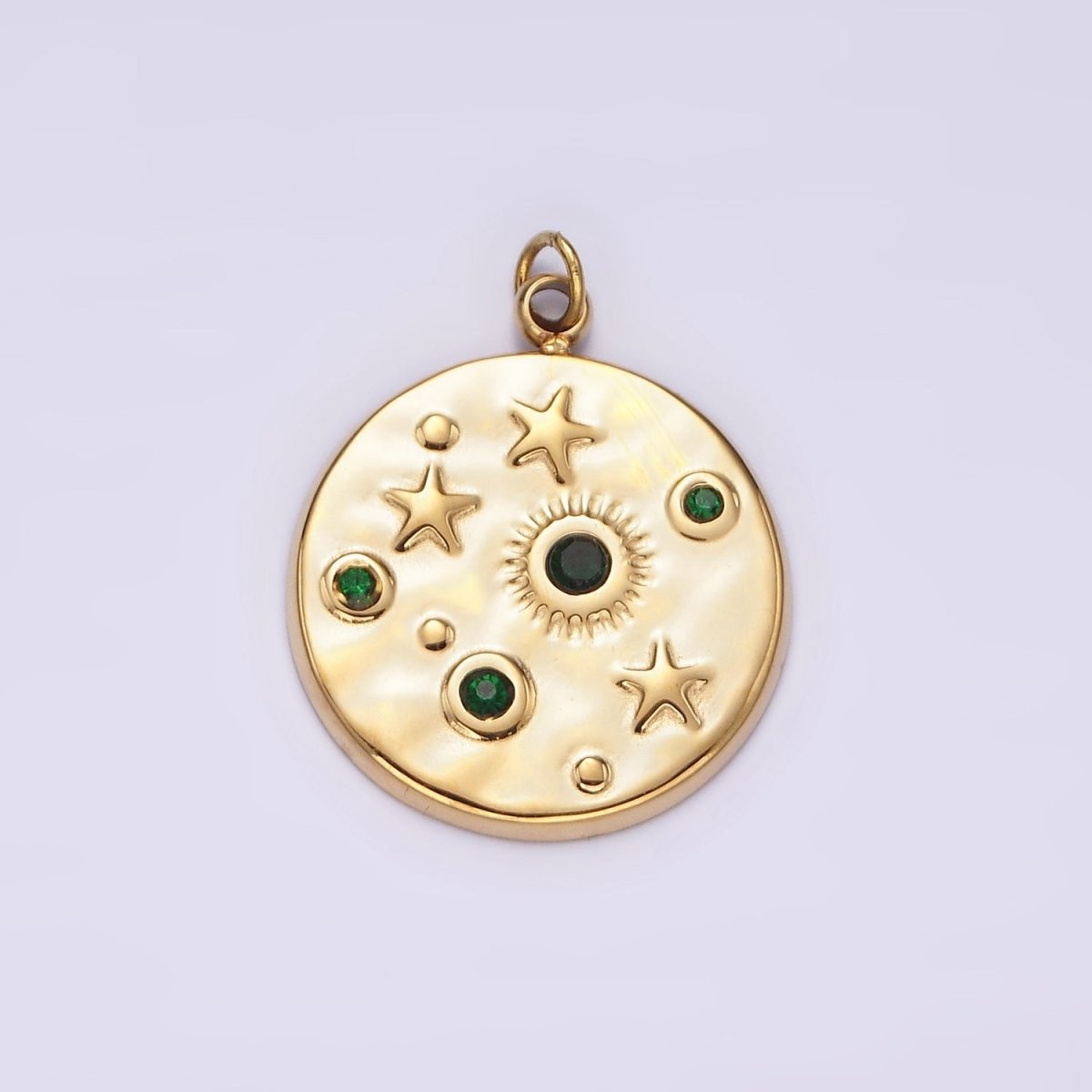 Stainless Steel Clear, Green CZ Celestial Sun Star Hammered Round Charm in Gold & Silver | P675