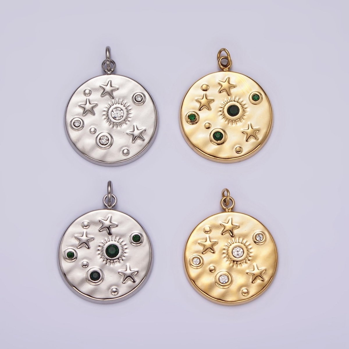 Stainless Steel Clear, Green CZ Celestial Sun Star Hammered Round Charm in Gold & Silver | P675