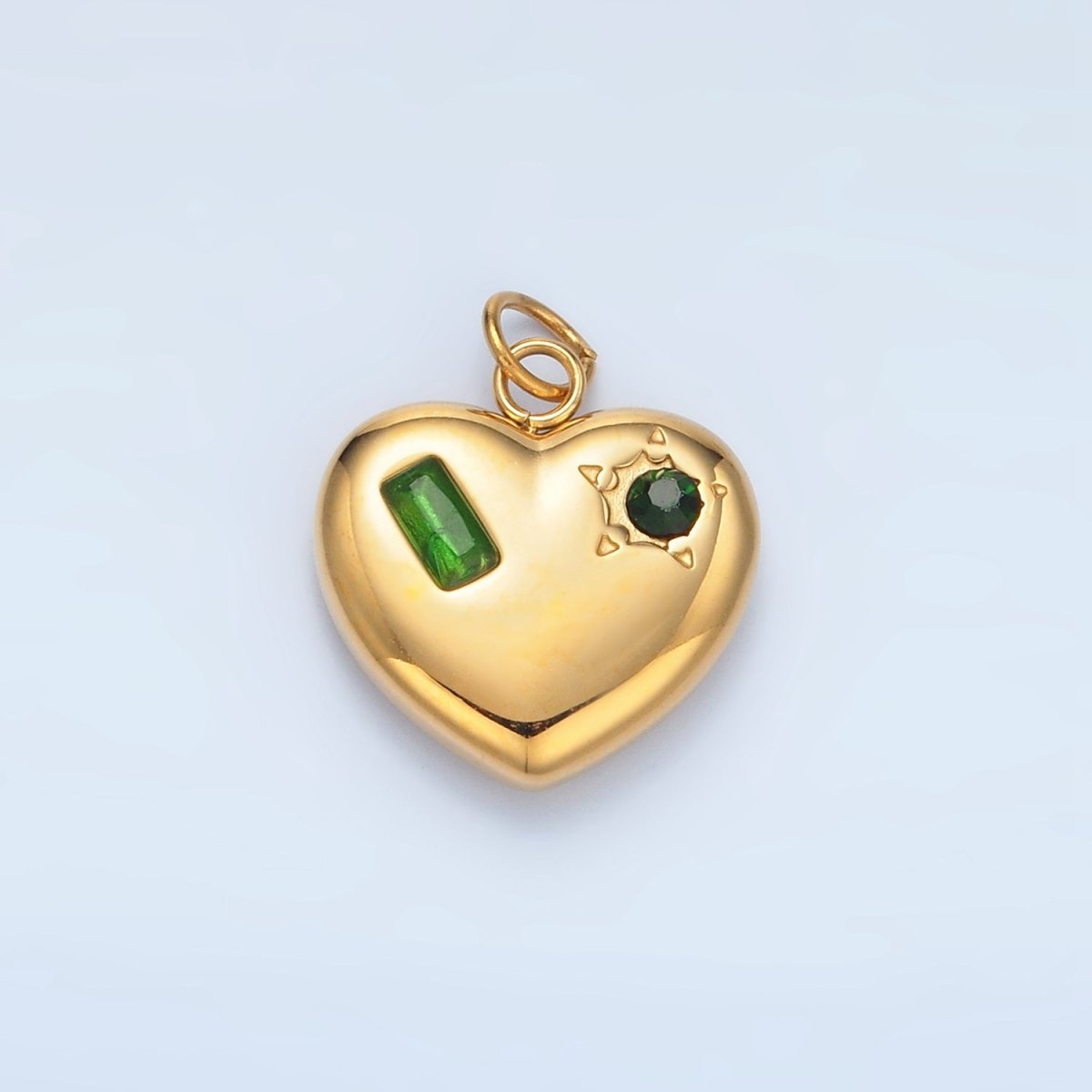 Stainless Steel Clear, Green, Red CZ Baguette Star Chubby Heart Charm | P694