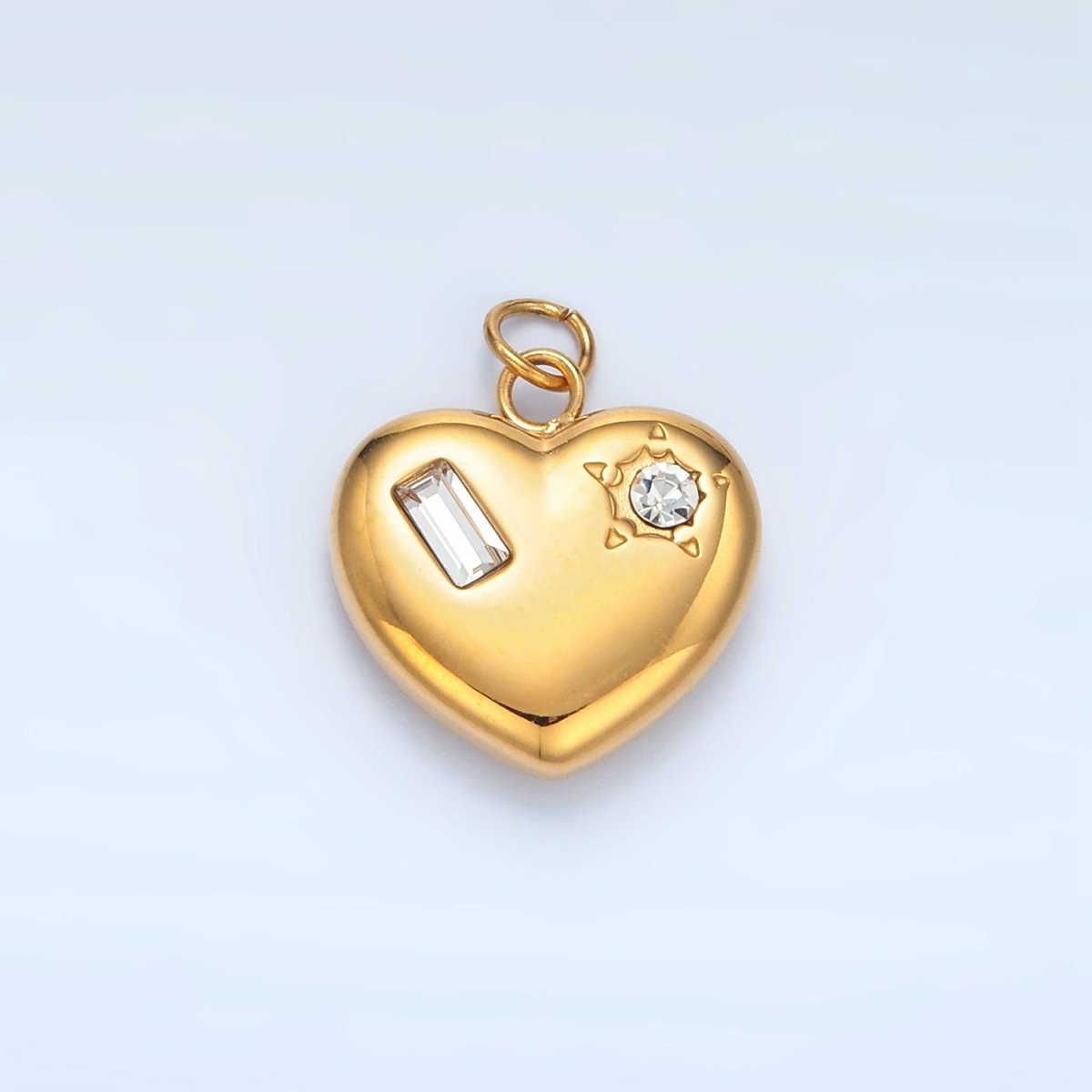 Stainless Steel Clear, Green, Red CZ Baguette Star Chubby Heart Charm | P694