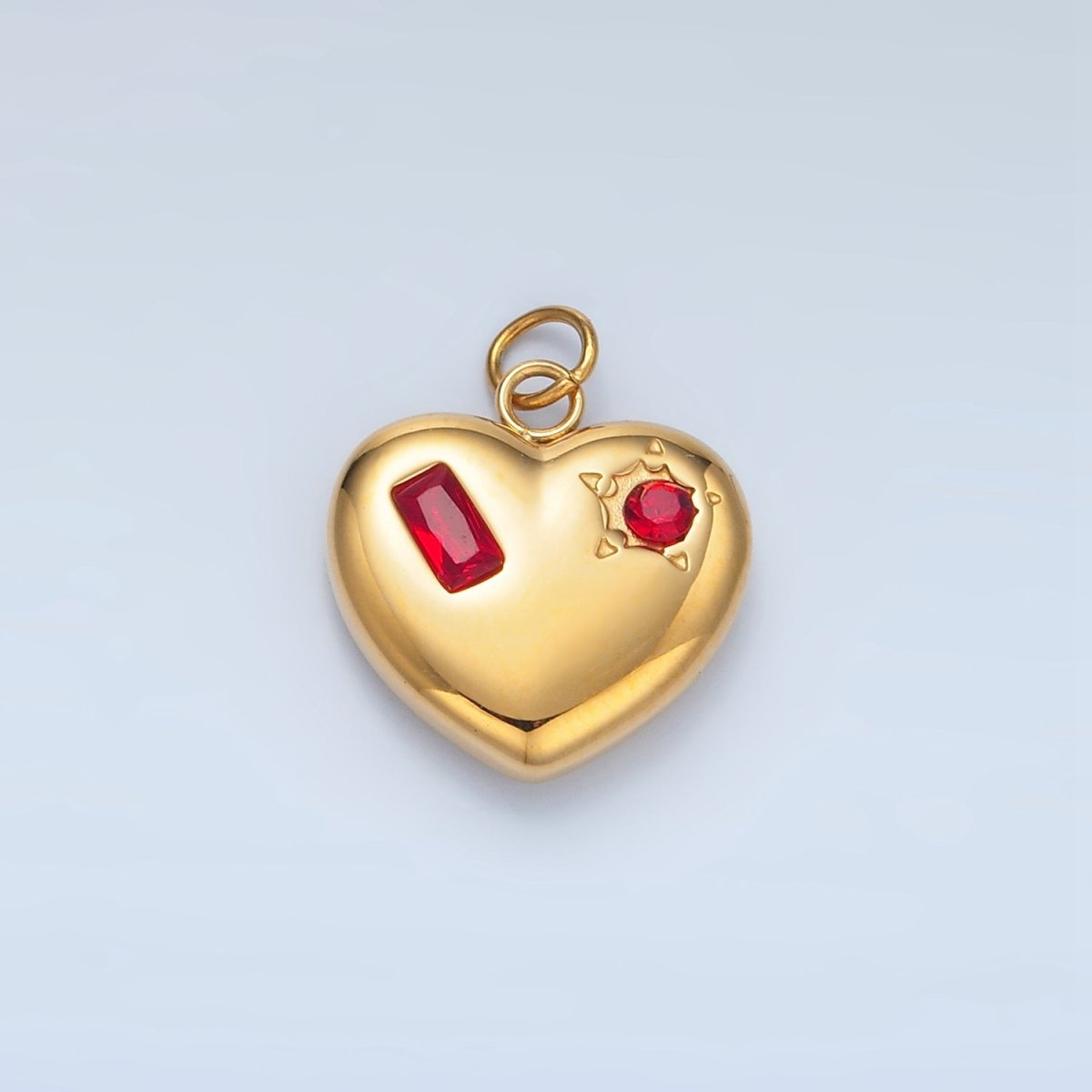 Stainless Steel Clear, Green, Red CZ Baguette Star Chubby Heart Charm | P694