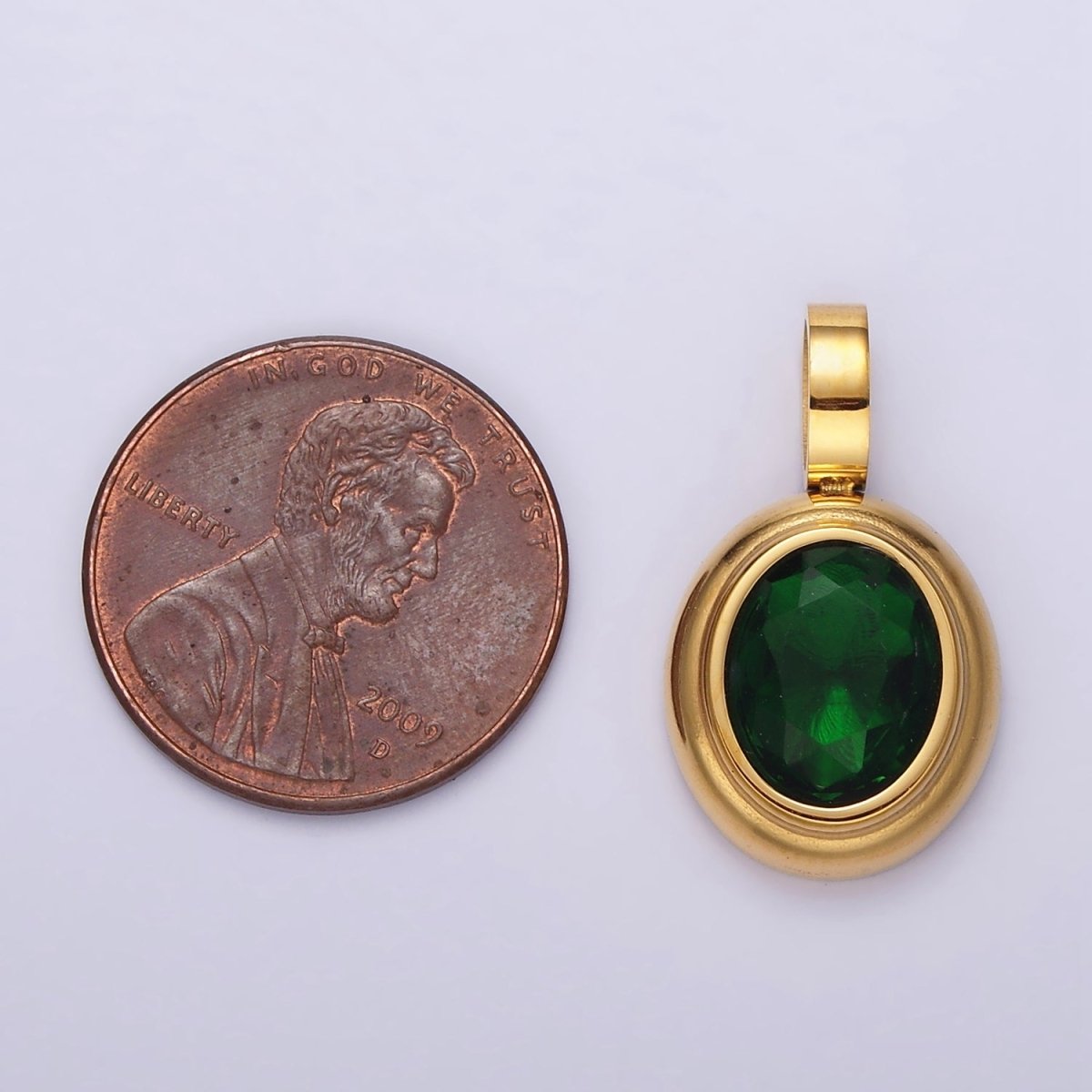 Stainless Steel Clear, Green, Red, Pink Multifaceted CZ Oval Pendant | P-839~P-840