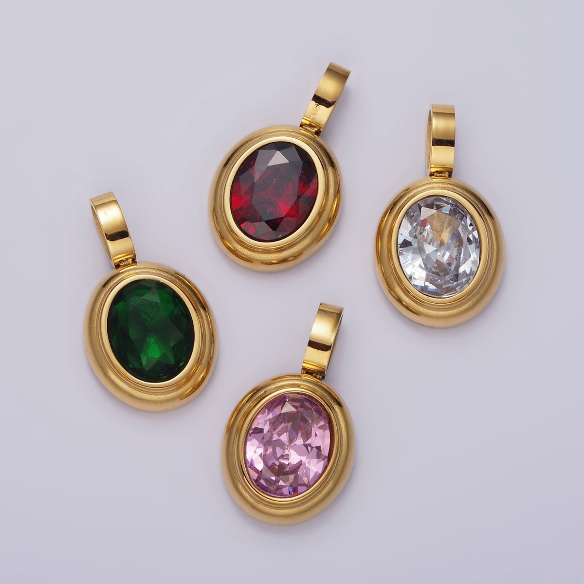 Stainless Steel Clear, Green, Red, Pink Multifaceted CZ Oval Pendant | P-839~P-840