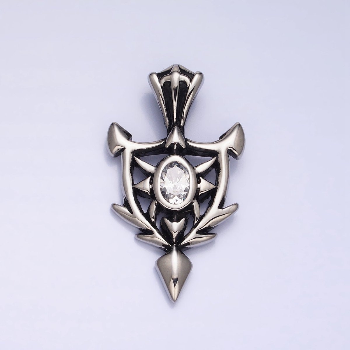 Stainless Steel Clear Oval CZ Sharp Horned Pointed Arrow Crest Shield Pendant in Gold & Silver | P1101