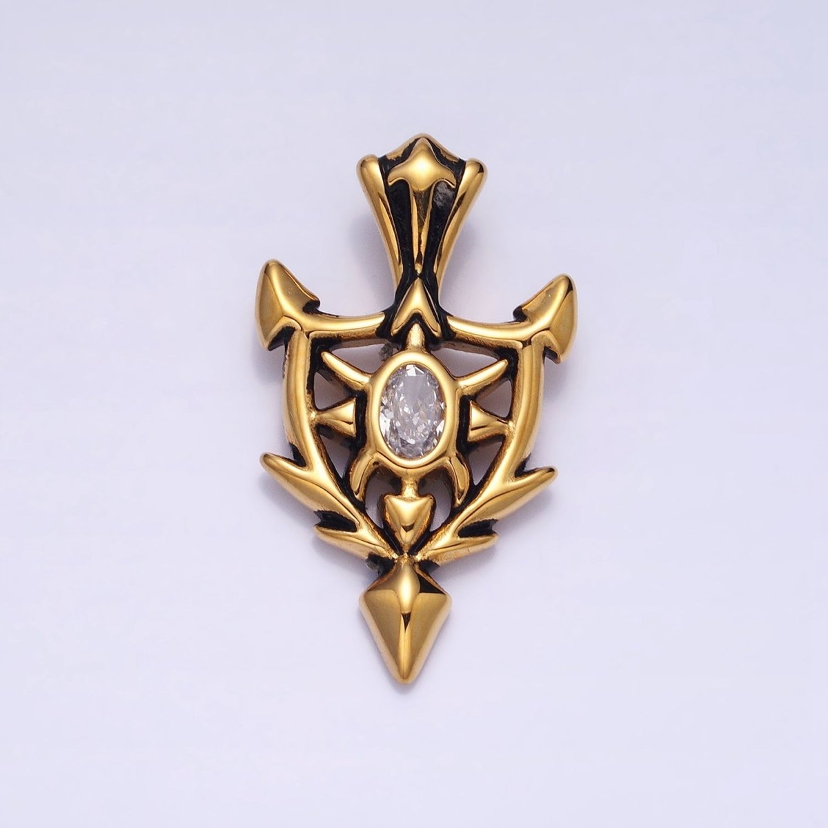 Stainless Steel Clear Oval CZ Sharp Horned Pointed Arrow Crest Shield Pendant in Gold & Silver | P1101