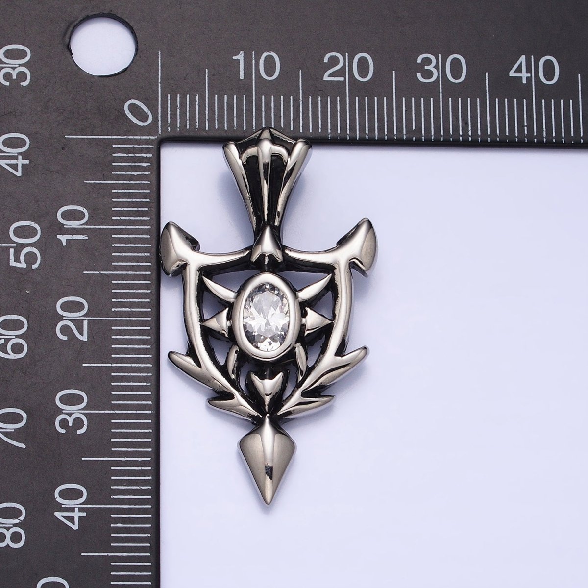 Stainless Steel Clear Oval CZ Sharp Horned Pointed Arrow Crest Shield Pendant in Gold & Silver | P1101