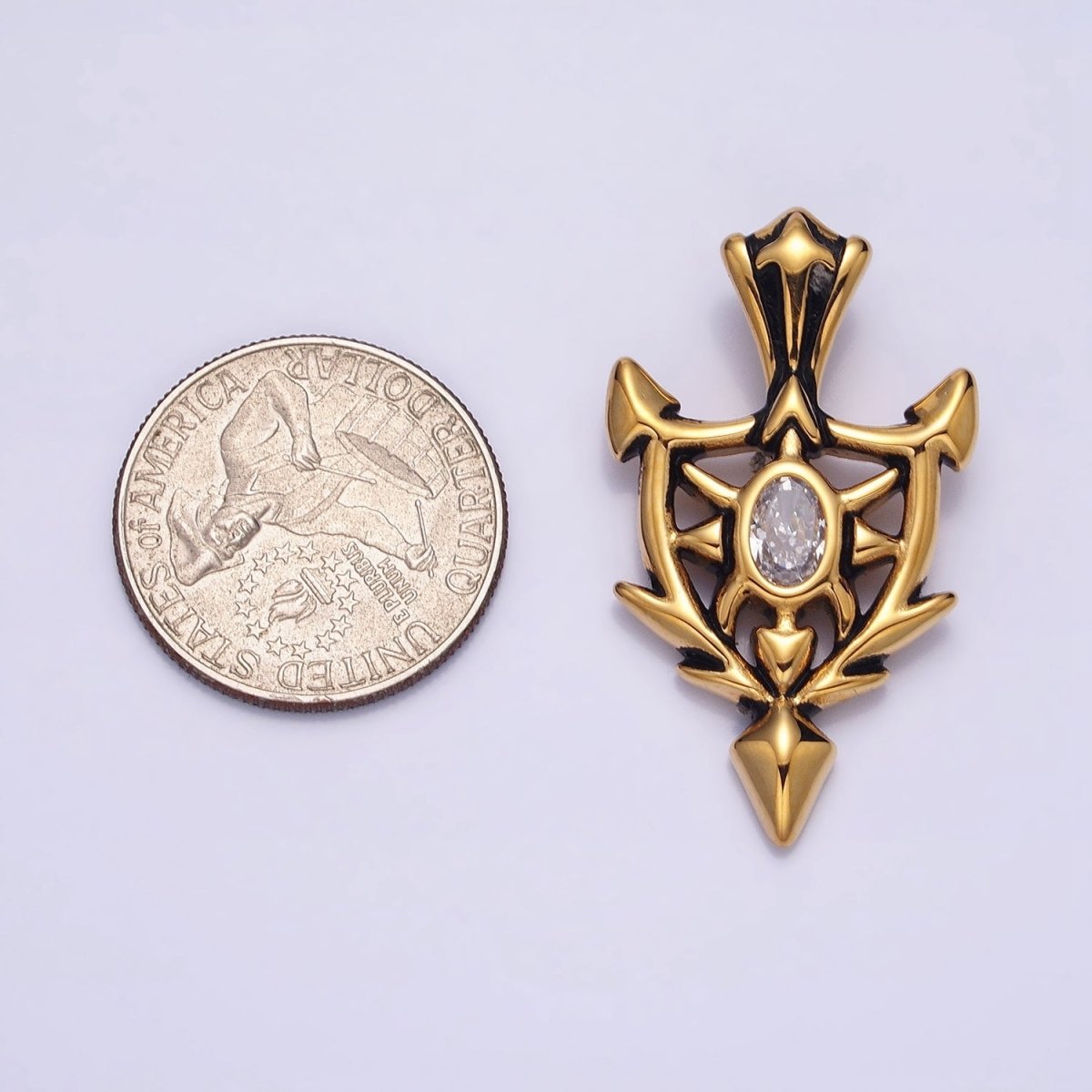 Stainless Steel Clear Oval CZ Sharp Horned Pointed Arrow Crest Shield Pendant in Gold & Silver | P1101