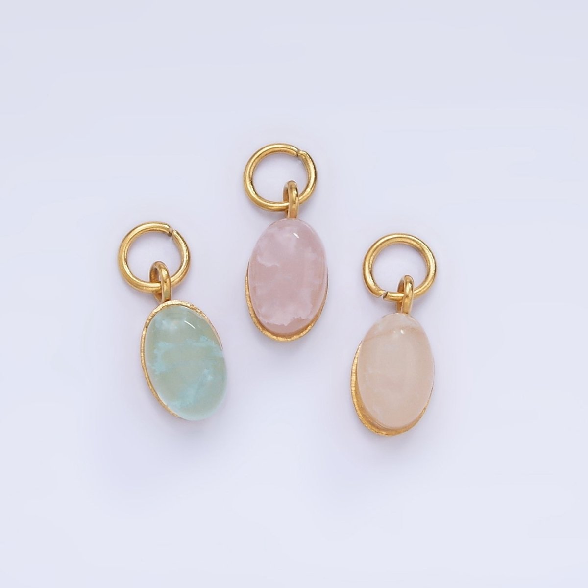 Stainless Steel Clear, Pink, Teal Agate Gemstone Oval Charm | P985