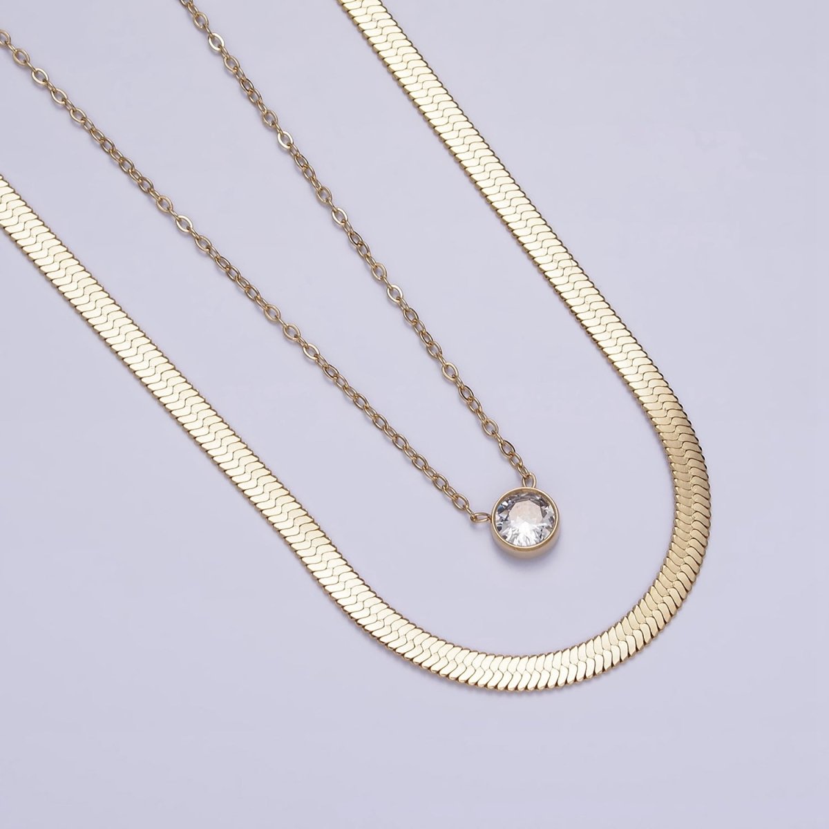 Stainless Steel Clear Round CZ 3mm Herringbone 1mm Cable Double Layer Chain Stack Necklace | WA-2037 Clearance Pricing