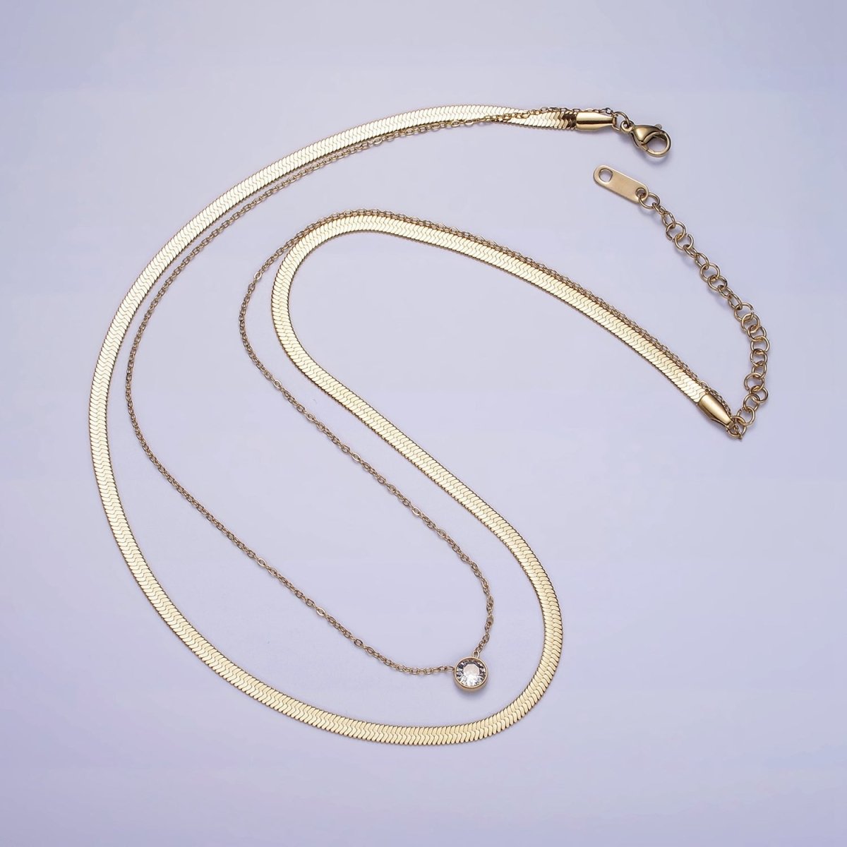 Stainless Steel Clear Round CZ 3mm Herringbone 1mm Cable Double Layer Chain Stack Necklace | WA-2037 Clearance Pricing