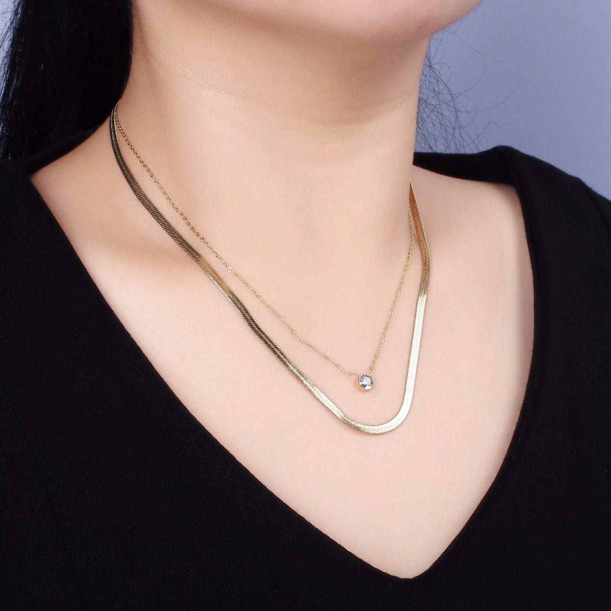 Stainless Steel Clear Round CZ 3mm Herringbone 1mm Cable Double Layer Chain Stack Necklace | WA-2037 Clearance Pricing