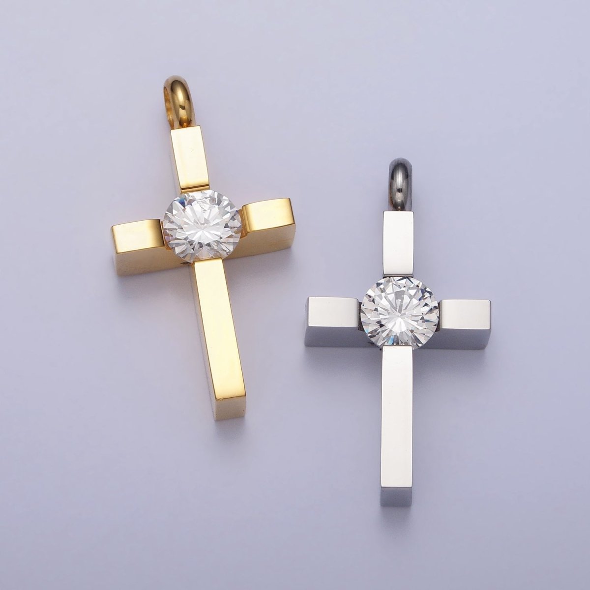 OS Stainless Steel Clear Round CZ Religious Latin Cross Pendant in Gold & Silver  J-497 J-506