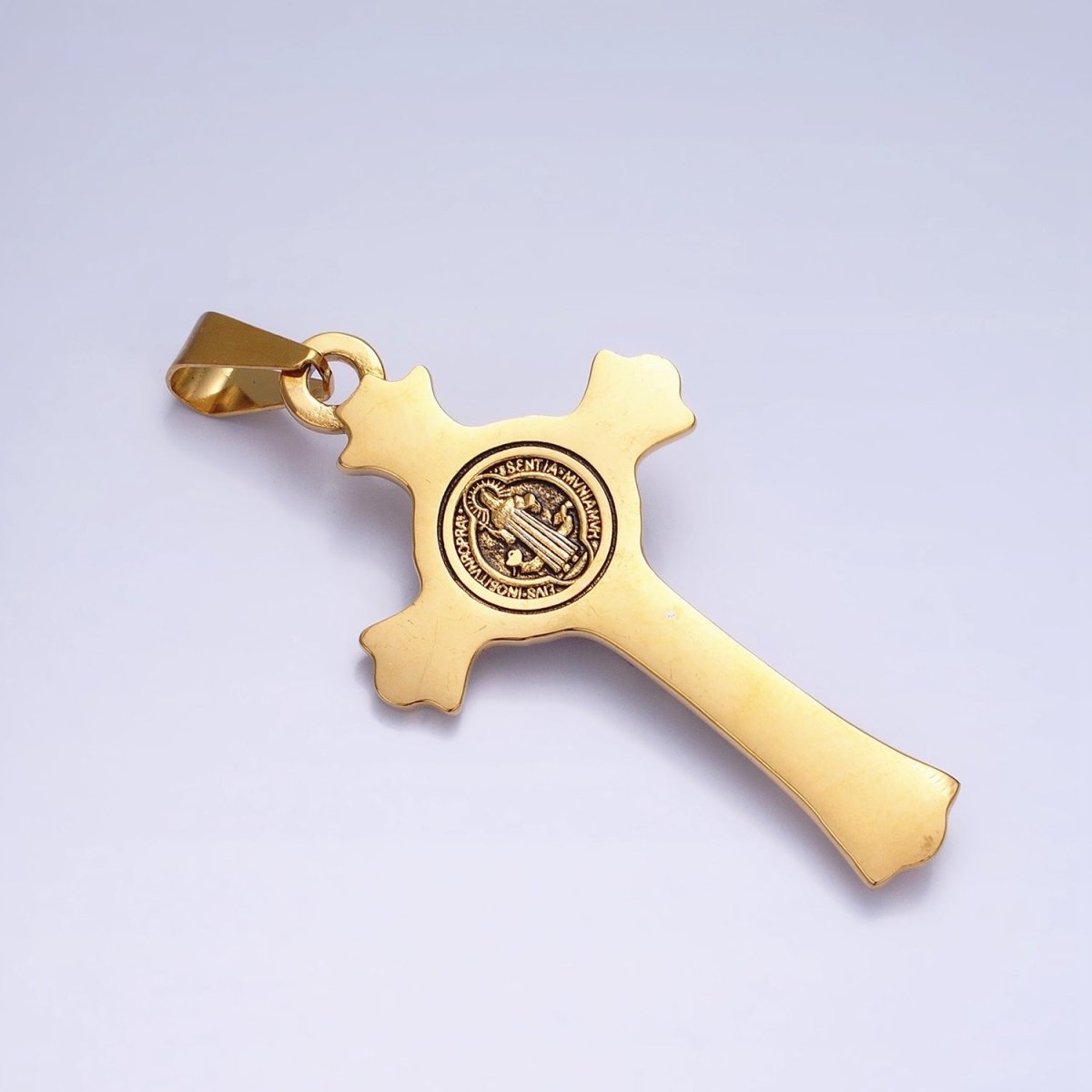 Stainless Steel Crucifix Cross SMQLIVB PAX VRSNSMV Saint Benedict Engraved Double Sided Pendant in Gold & Silver | P-1163