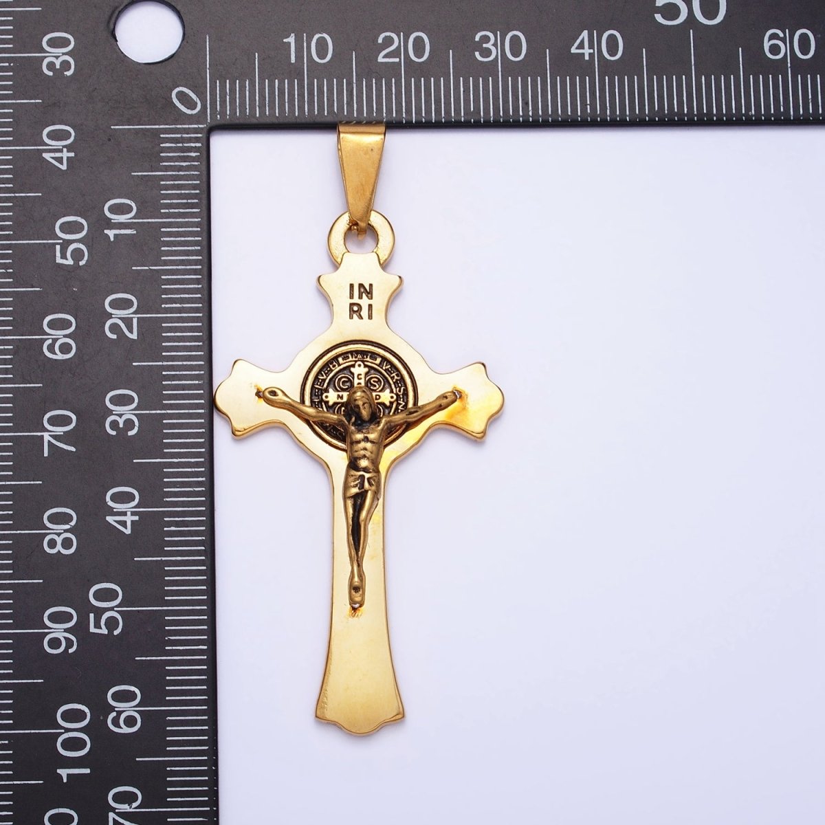 Stainless Steel Crucifix Cross SMQLIVB PAX VRSNSMV Saint Benedict Engraved Double Sided Pendant in Gold & Silver | P-1163