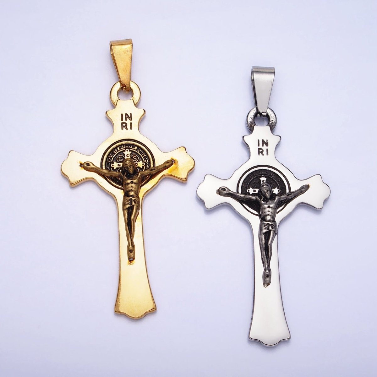 Stainless Steel Crucifix Cross SMQLIVB PAX VRSNSMV Saint Benedict Engraved Double Sided Pendant in Gold & Silver | P-1163